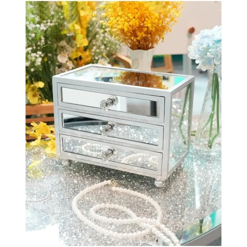 Gifturbo 3‎ Layer Mirror Glass Jewelry Box For Women Girls Jewelry Organizer Box